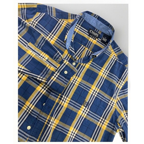 Chaps Men’s Shirt L Blue Plaid Button Up Long Sleeve Easy Care Casual Dress - Picture 1 of 8
